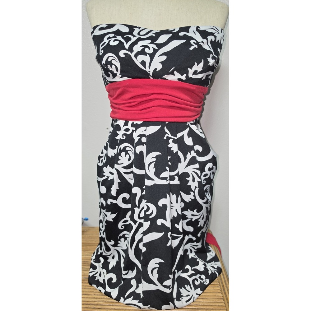JFW Just For Wraps Strapless Dress Black White Floral Pink Sash XL NWT